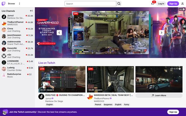The Twitch homepage