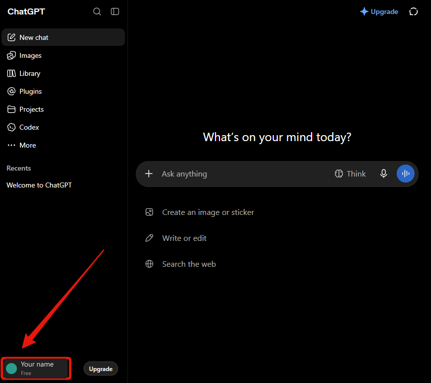 Step 1: the ChatGPT sidebar, with the account button at the bottom left