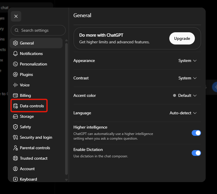 Step 2: the Settings panel, opened on General, with Data controls in the left hand list