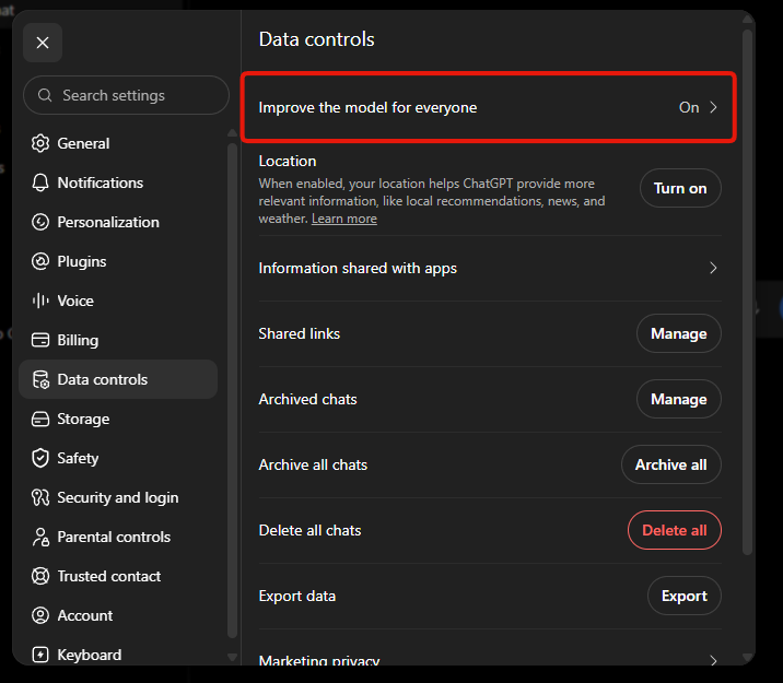 Step 3: the Data controls panel, with Improve the model for everyone at the top, reading On