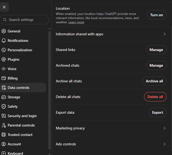 Step 4: the lower half of Data controls, from Location to Ads controls