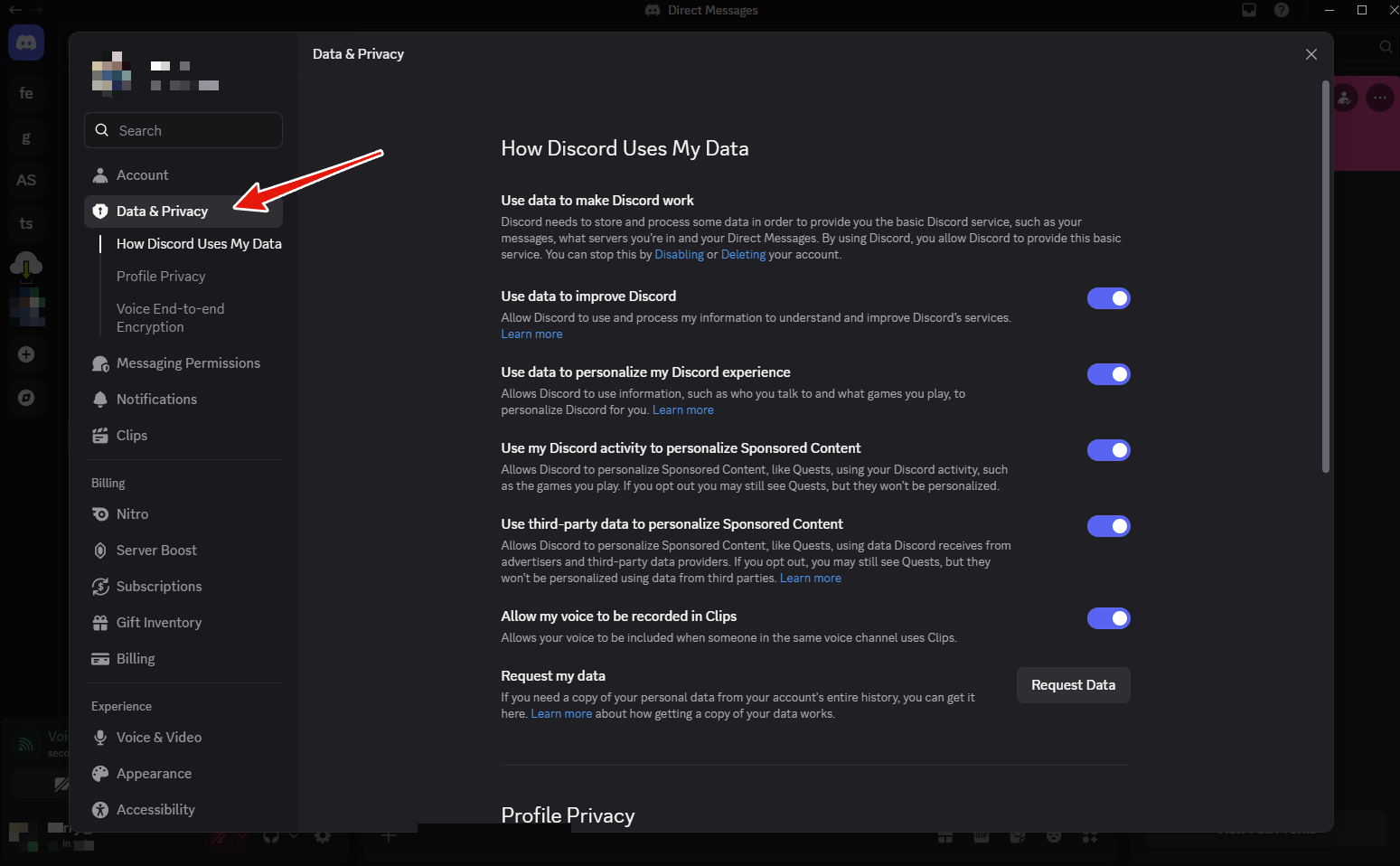 Step 2: Data and Privacy in the settings sidebar, with all five data switches on by default