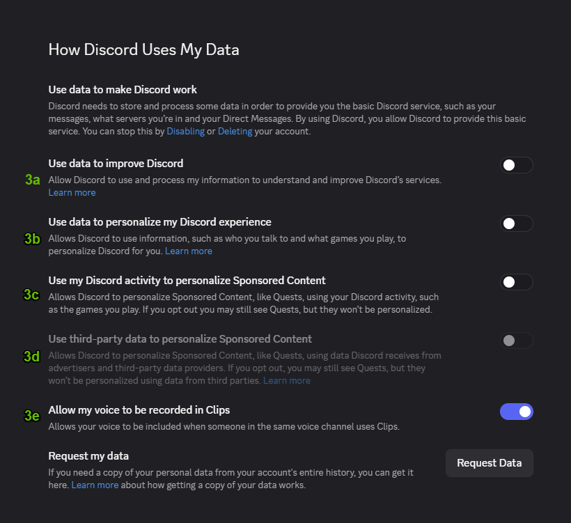 Step 3: the How Discord Uses My Data section with all five settings switched off