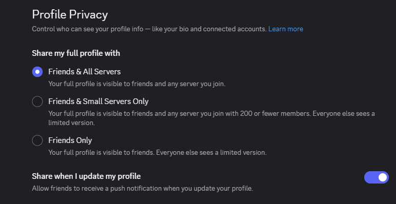 Step 4: the Profile Privacy section, defaulting to Friends and All Servers