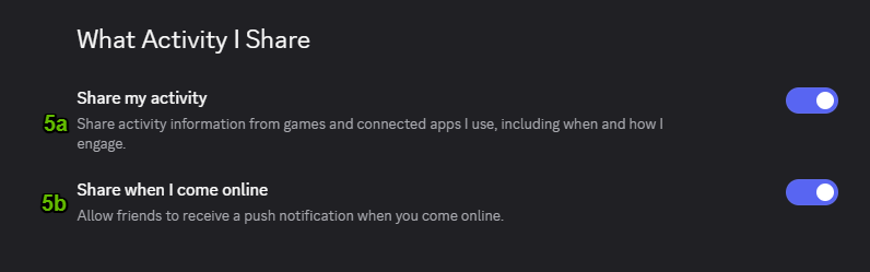 Step 5: the What Activity I Share section, with both settings on by default