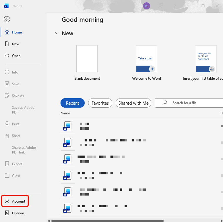 Step 1: the File menu in Word, with Account near the foot of the left hand rail