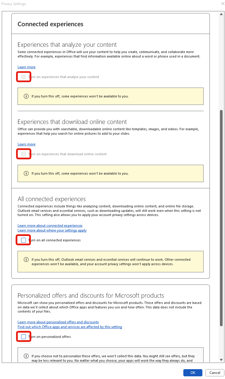 Step 3: the Connected experiences dialog, with every box cleared