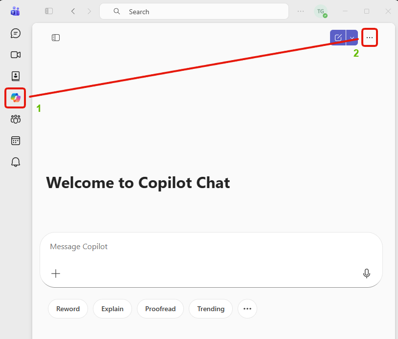 Step 1: the Copilot chat in Teams, with the Copilot icon in the left rail and the three dots at the top right