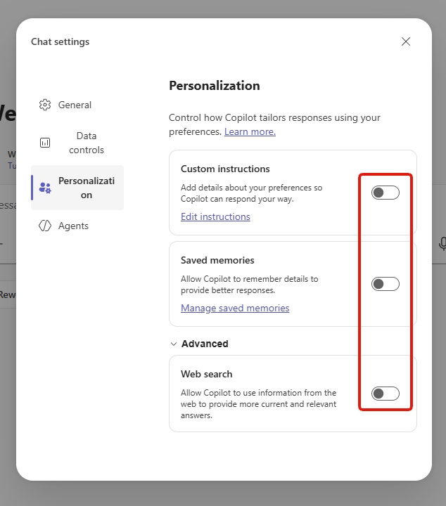 Step 2: the Copilot chat settings dialog, showing the three switches on the Personalization tab