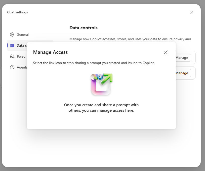Step 3: the Data controls tab, with its two Manage buttons and the Manage Access panel open