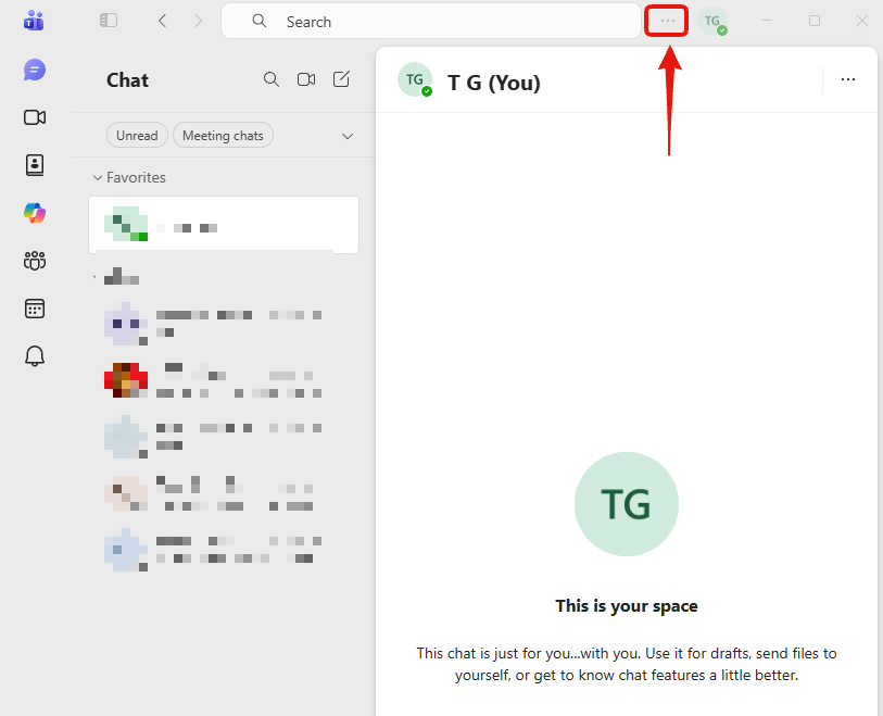 Step 1: the Teams window, with the three dots menu in the title bar