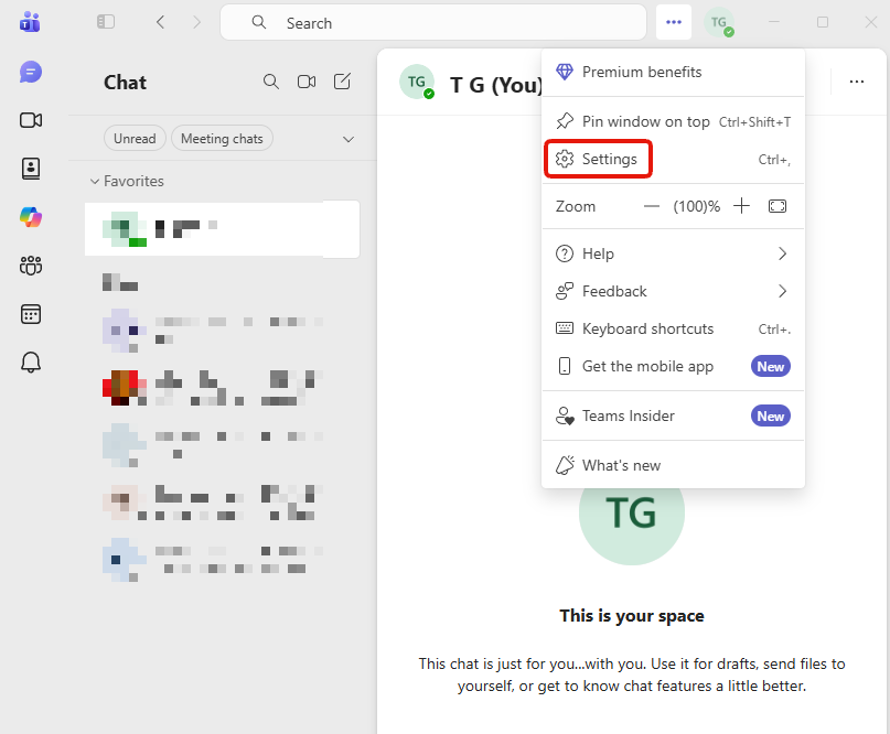 Step 2: the Teams menu open, with Settings near the top