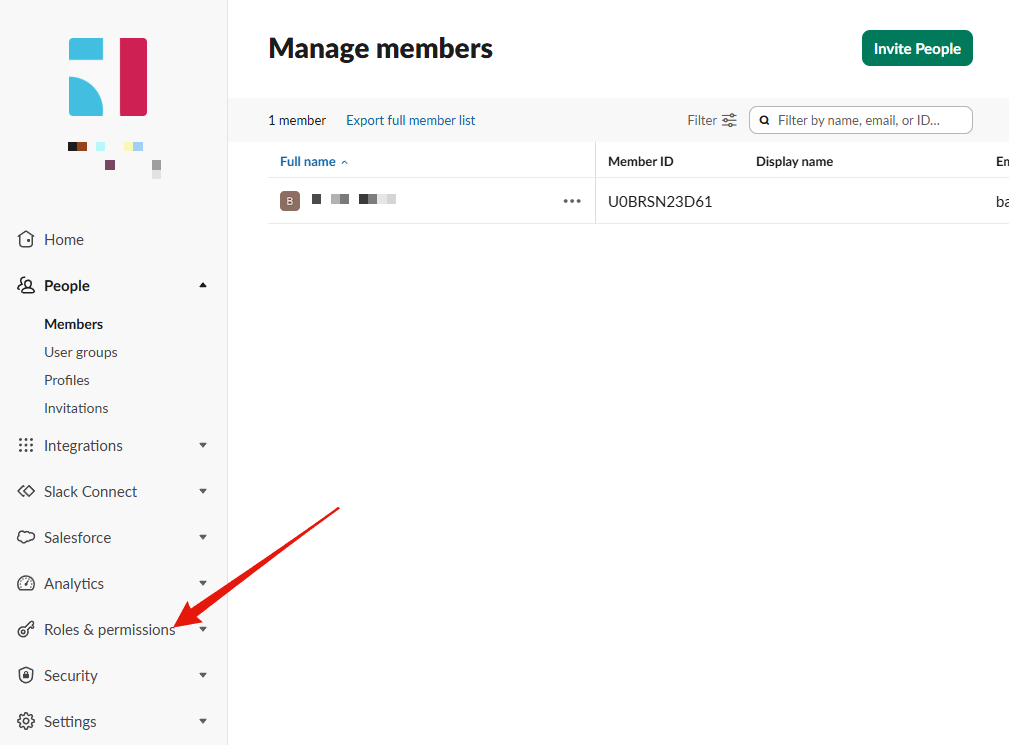 Step 1: the Slack admin dashboard, with Roles and permissions in the left sidebar