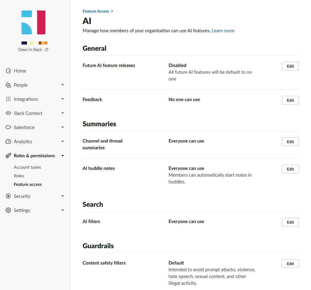 Step 3: the AI feature access page, with General, Summaries, Search and Guardrails
